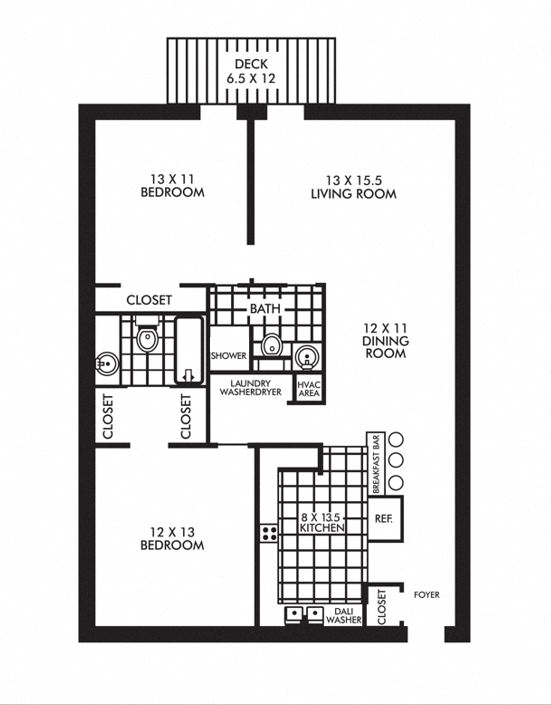 Floor plan for 2 beds, 2 baths, 1250 sqft